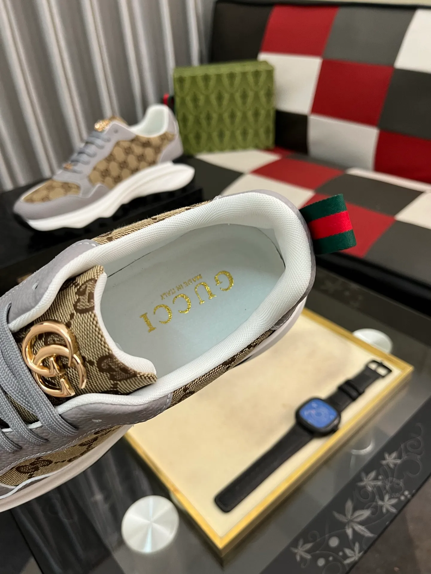Men's shoes 💰458⌚️⌚️ Gucci •Gucci original quality. ~ Unique modern style sneakers. 🏃A must-have casual shoe for trendy men😍😍 Original brand imported from Italy, imported original leather, sheep lining (refuses to discolor and grind feet) Sole: Original sole provided by the original factory, French lazy style design ⚠️Fit to the feet, original quality attached, super comfortable original sole, code number: 38-444️⃣Colors available
